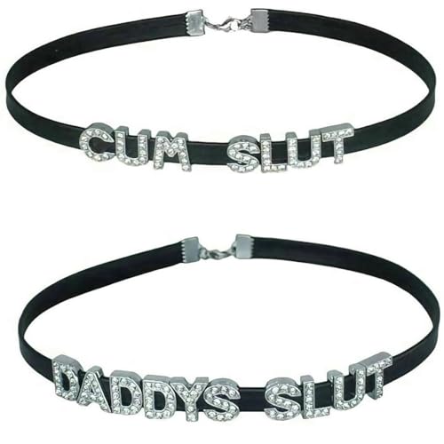 2Pcs DADDY'S SLUT+CUM SLUT Choker Necklaces For Women Honey Princess Hotwife,Cute Sexy Faux Leather Dad Collar Chokers Outfit Accessories Jewelry