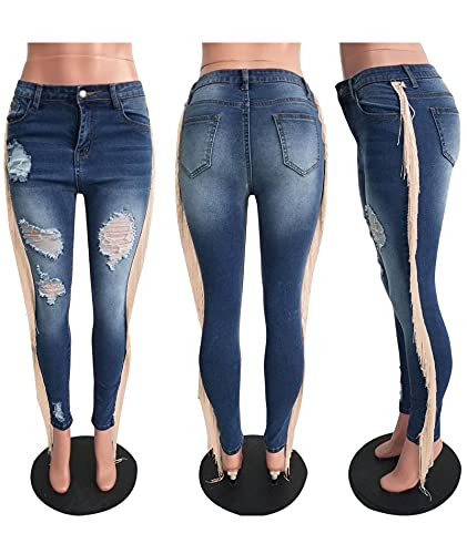 SOMTHRON Women's Tassel High Waisted Ripped Skinny Jeans Distressed Destroyed Long Fringe Denim Pants Hip Hop Streetwear3
