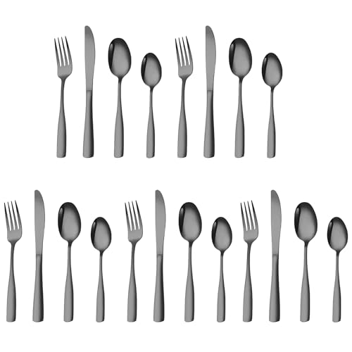 Image of aDai Charcoal Black Silverware Set, Satin Finish | 20-Piece Stainless Steel Flatware Set | Dishwasher Safe Kitchen Cutlery for Home, Restaurant & Gifting