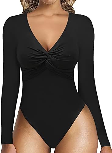 MANGOPOP Bodysuit for Women Deep V Neck Twist Knot Fitted Short Sleeve Long Sleeve Tops (B Long Sleeve Black, Small)