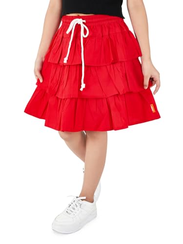 Image of olele Girls Roxy Ruffle Skirt - Red Cotton for 4 to 14 Years Kid | Layer Skirt for Girls | Cotton Skirt for Girls | Red Skirt for Girls | Layered Skirt for Girls | Red Skirt for Girls Long