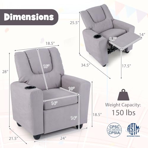 Image of GLACER Kids Recliner with Cup Holder, Fabric Toddler Lounge Chair (Gray) | Baby Recliner w /Adjustable Backrest & Footrest, Spring Seat Cushion, Push Back Toddler Sofa for Ages 3+, Supports 150 lbs
