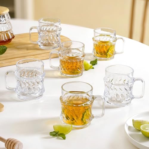 Image of Nestasia Transparent Glass Tea Cups Set of 6 (165ml Each) - Dishwasher Safe & 100% Food Safe Chai Cups with Handle for Coffee, Tea, Hot & Cold Beverages | Twisted Swirl Embossed Design