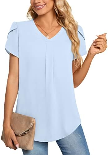 Aodemo Women's 2023 Summer Dressy Chiffon Blouse Petal Short Sleeve V Neck Tunic Tops Office Work Shirt for Leggings 2XL, Light Blue