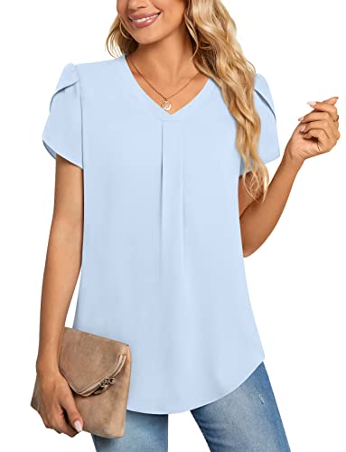 Aodemo Women Summer Dressy Chiffon Blouse Petal Short Sleeve V Neck Tunic Tops Office Casual T-Shirt 2XL, Light Blue