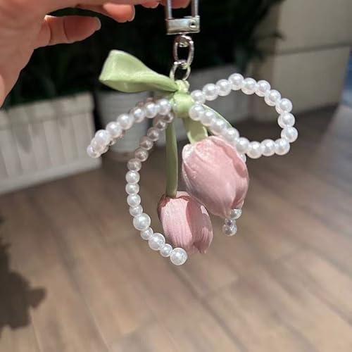 KAQNTUD Porte-clés tressé en perles tulipes avec nœud pour sac à main, sac à dos, bijoux, accessoires de décoration tendance, rose, taille unique – vue 7