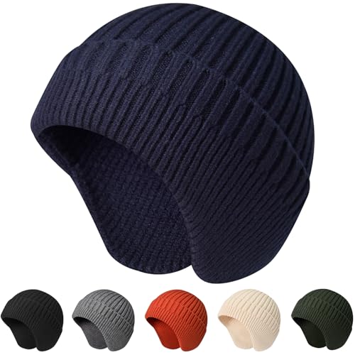 NAHOSY Winter Beanie Hat with Earflap for Men Women, Soft Warm Knit Skull Caps Ear Covers Unisex Fashion Outdoor Hats, Navyblue