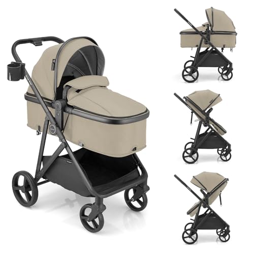 Image of Gromast 3-in-1 Baby Stroller, Convertible Stroller for Newborn Infant Toddler with Reversible Seat, UPF 50+ Canopy & Cup Holder - Khaki