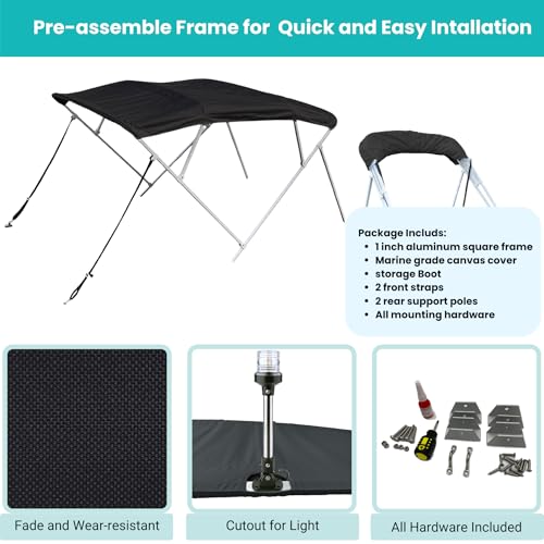 Image of Savvycraft 4 Bow Bimini Top, 10 Feet Long Square Tube Bimini Top Set, Includes Marine Grade Canvas Cover, Storage Boot, Rear Poles with 1 Inch Aluminum Frame, Black, 4 Bow 120 inch L 54 inch H 97 inch- 103 inch W