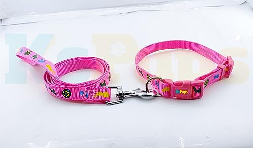Image of 15mm Soft Printed Dog Collar and Leash Set I Puppy Printed, Adjustable Nylon Collar with Leash I for Small and Medium Dogs (Pink)