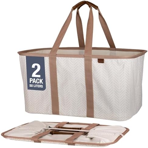 CleverMade Collapsible Laundry Tote 2-Pack (50L) – Foldable Carry-All Storage Bin for Laundry, Car Trunk, RV, Dorm & Home Organization – LUXE Cotton Blend with Vegan Leather Accents, Cream