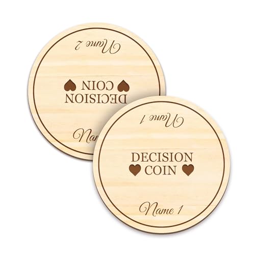 Personalised Decision Coin - Novelty Gift, Engraved Wooden Decision Making Coin, Heads or Tails Coin Flip For Couples, New Parents Gift
