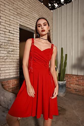 SCARLET DARKNESS Dress Medieval V-Neck A-Line Cocktail Party Dress Retro Steampunk Sleeveless with Drawstring Women L Red 164S22-2 steampunk buy now online
