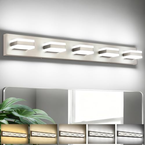 Image of SOLFART Bathroom Brushed Nickel Bathroom Light Fixture, Vanity Lights Over Mirror, 5 Light Led Lights for Bathrooms,5 Color Temperature Adjustable Vanity Lights for Bath Nickel ETL Listed