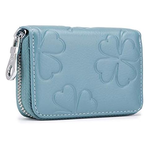 AprinCtempsD RFID Blocking Women's Credit Card Holder Genuine Leather Ladies Small Card Wallet with Zipper Mini Card Purse Floral Coin Purse (Light Blue) Cover