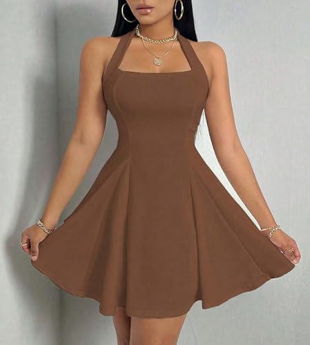 Image of PerZeal Women's Summer Halter Dress Backless Mini Beach Party Dress Sleeveless A-Line Sundress Casual Club Dress