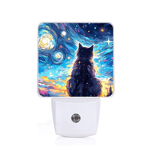 Image of Black Cat Night Light, Plug-into Wall Starry Night Nightlight Lamp with Dusk to Dawn Sensor, Led Lamp 0.5W Energy Efficient for Boys Girls Adults Home Decor