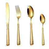 CALLARON Edelstahl Besteckset 4 Stück für Zuhause und Restaurant Hitzebeständig und Praktisch Einfaches Design mit Gabel Löffel und Dessertlöffel in Gold