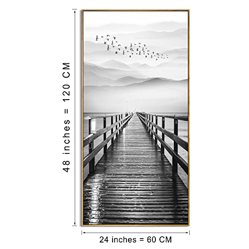 Piy Painting Natural Extra Framed Canvas Wall Art of Lake for Aisle Corridor,Black & White Pier with Bird Flying Canvas Picture Print Decor,Vertical Wharf Mountain Landscape Artwork,Graphic Art Prints 24x48 IN by Piy Painting - Used condition - Image 2