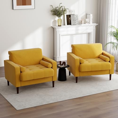 Image of Accent Chairs Set of 2, Corduroy Upholstered Armchair Modern Arm Chair for Living Room, Comfy Single Sofa Bedroom Side Reading Seat - Yellow