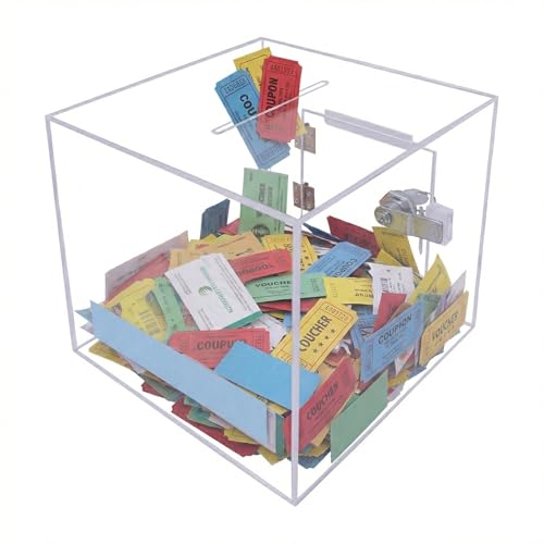 Image of Rasper Transparent Acrylic Donation Box Daan Patra Daan Peti Visiting Card Drop Ballot Charity & Coupon Collection Box (Small Size 6x6x6 Inches, Square Shape) with Lock Facility