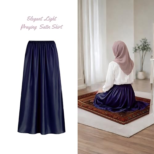 Softspot Satin Islamic Prayer Skirt for Women, Lightweight Full Coverage Salah Skirt, Crease-Resistant with Satin Carry Bag (Navy Blue)