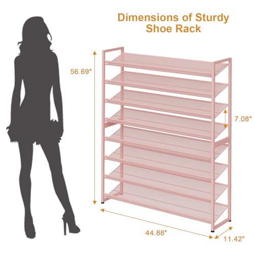 Image of Large Shoe Rack 8 Tier Shoe Organizer, Heavy Duty Metal 4-Tier Stackable Shoe Storage Vertical Shoe Rack for Closet Front Door Entrance, Up to 50 Pairs, 44.8 inch W x 11.4 inch D x 56.7 inch H, Pink