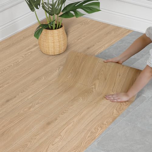 WIFEA Rollo de vinilo autoadhesivo de 23.6 x 393 pulgadas/64 pies cuadrados, azulejos de vinilo resistentes al desgaste e impermeables para dormitorio, sala de estar, oficina, balcón, nogal claro