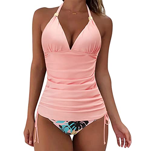 Womens Tankini Sets Halter Neck Two Piece Swimsuit for Women UK Tummy Control Swimwear Ruched Bathing Suits Tankini Top with Swim Brief Swimming Costume Backless Sexy Bikini Swimwear Pink