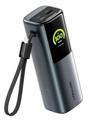 VENTION Power Bank 20000mAh 165W, Batterie Externe Charge Rapide avec Écran Digital et Emoji, Câble USB-C Intégré, 2×USB-C + USB-A, Compatible avec MacBook Pro,...
