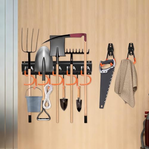 Rankomu Gartengerätehalter 4x40.6cm mit 2 Doppelhaken 20 S-Haken, Antirutsch-Beschichtung, Wandhalterung für Gartengeräte,Besen,Mopp,Schaufel, für Garage Garten Abstellraum