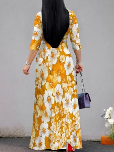 Image of Plus Size Dresses for Women Floral Print Maxi Dress Flowy 3 /4 Sleeve with Belt