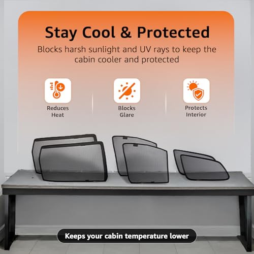 Image of Amazon Basics Side Window Sun Shade for Kia Seltos (2026 Onwards) - Front Half Cut + Rear Zipper | Custom-Fit Magnetic Car Curtains | Black | Pack of 6 Pcs | Cotton Mesh