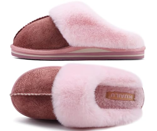 Image of KuaiLu Womens Cozy Memory Foam Slippers Ladies Fuzzy Faux Fur Lined Warm Arch Support House Shoes Slip on Comfy Winter Scuff Indoor Outdoor Rubber Hard Sole