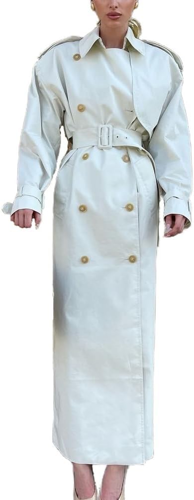 Women's Classic Lapel Windproof Oversized Long Trench Coat with Belt Retractable Cuffs