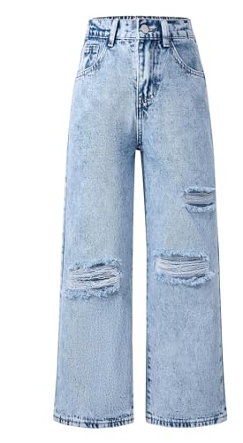 Panegy Girls Straight Jeans High Waist Denim Pants Kids Wide Leg Casual Y2K Jeans with Pockets 5-14 Years