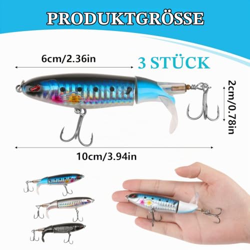 3 Stück Topwater Angelköder mit Haken, Perfekter Köder für Große Raubfische, Fisch Köder für Zander Barsch Forellen Wobbler Swimbait, Angelköder Fische Angeln Set, Angeln Geschenk für Männer – Bild 2