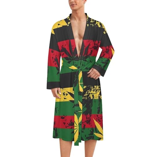 Vintage Rasta Flag Weed Men's Robes Long Sleeve V Neck Bath Robe Printed Bathrobes Cozy Soft Sleepwear