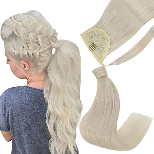 Easyouth Ponytail Hair Extensions Real Human Hair 20 Inch 100g White Blonde Wrap Around Clip in Ponytail Extension Straight Hair