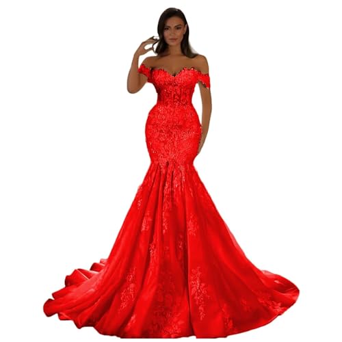 Women's Laces Tulle Wedding Dresses for Bride Off Shoulder Corset Mermaid Backless Boho Bridal Gowns 2025 Red