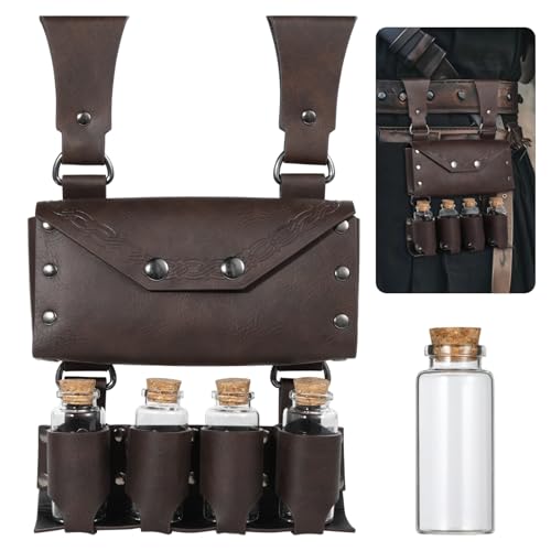 Sac banane médiéval en cuir avec 4 fioles en liège pour costume viking