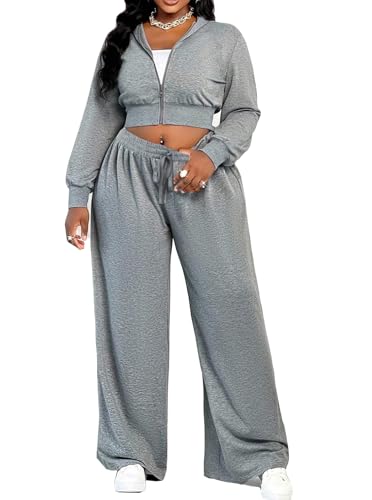 LovelyWholesale Womens 2 Piece Sweatsuits Cropped Zip Up Hoodie and Wide Leg Pants Sets