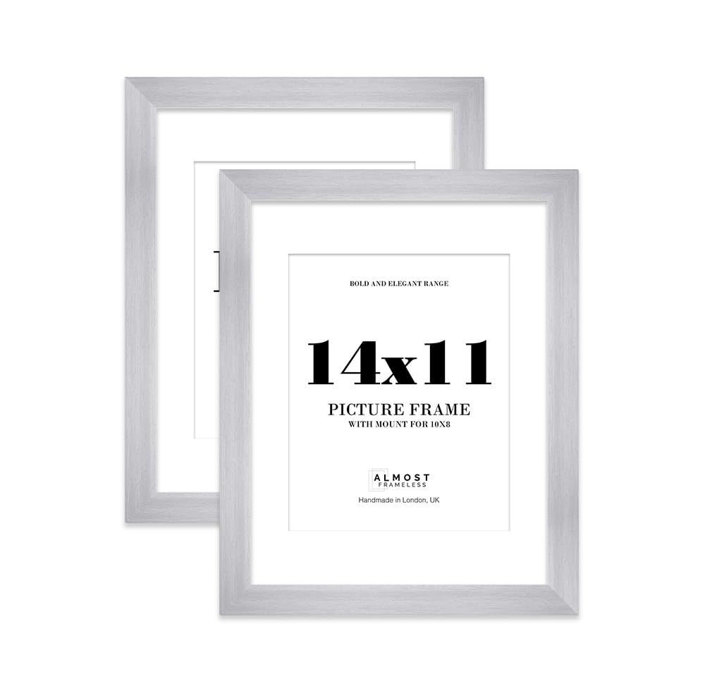14x11" Silver Frame With Mount for 10x8" Pictures 28mm Edge Portrait and Landscape Display with Wall Hooks and Kickstand, 2 Pack