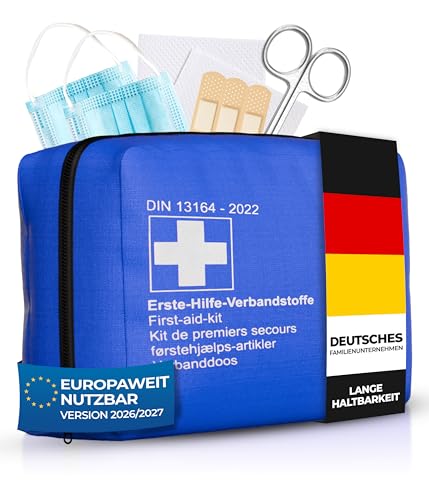 Thomatex KFZ Verbandstasche 2026/2027 [DIN 13164-2022] Kompakter Verbandskasten Lange Haltbarkeit Erste-Hilfe-Set StVO-konform Blau