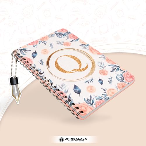Image of Jhingalala Diaries - A5 Hardbound Floral Design Diary Cover With Initial Letter Wiro Notebook Diary With Dangler I Spiral Notebook With Planner and Calendar 2024 I 160 Undated Ruled Pages (Initial Q)