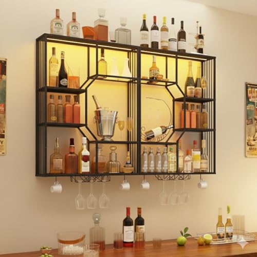 YOURLITE Weinregal Wand mit LED-Beleuchtung Metall,Bar Regal mit Glashalter,Wandmontage Wine Display-Ständer,3 Ebenen Weinregal,Beidseitig Montierbar,für Bars,Wohnzimmer,Restaurant,Schwarz,2P