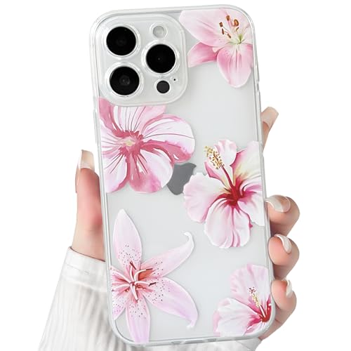 NITITOP Compatible with iPhone 14 Pro Case Clear Cute Pink Lily Blossom Floral Flowers Pattern for Girls Women Soft TPU Transparent Shockproof Protective Phone Cover - Hibiscus