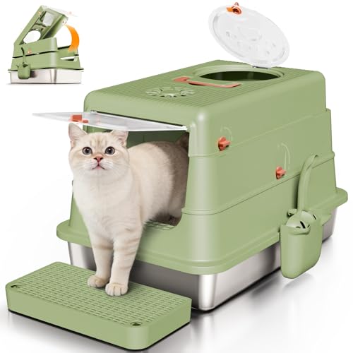 Image of Stainless Steel Cat Litter Box with Lid, Enclosed Extra Large Metal Litter Pan for Big Cats, Full Flip Cover High Sided LitterBox Include Scoop, Easy Cleaning, Non-Stick, Green