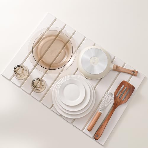 Volminex Alfombrilla Escurreplatos de Diatomita, Absorbente Alfombra Escurreplatos, Alfombrilla Fregadero Cocina Plegable, Alfombrilla de Barro de Diatomeas para Secar Platos (Blanco, 60 x 40 cm)