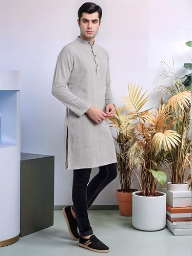 SKAVIJ Men's Handloom Cotton Solid Henley Long Sleeves Straight Knee Length Long Shirt4